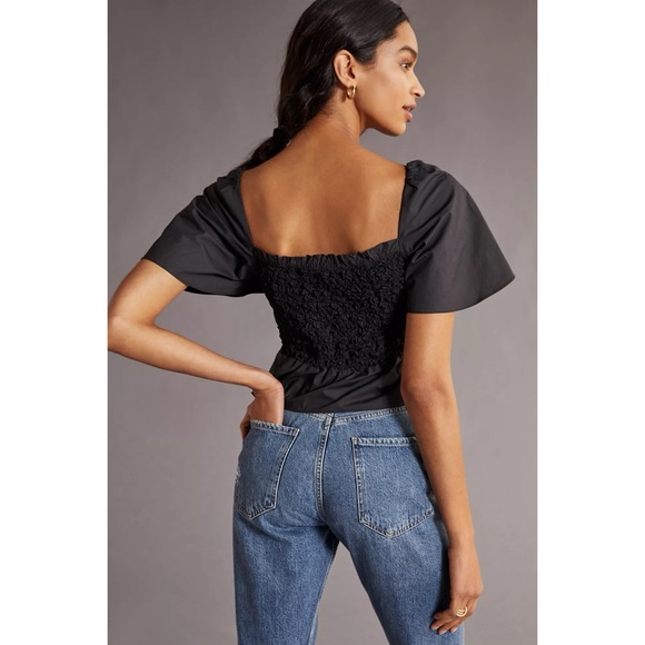 NWT Anthropologie x Mare Mare Bow-Front Tied Bows Blqck Smocked Peplum Blouse S - Picture 11 of 11